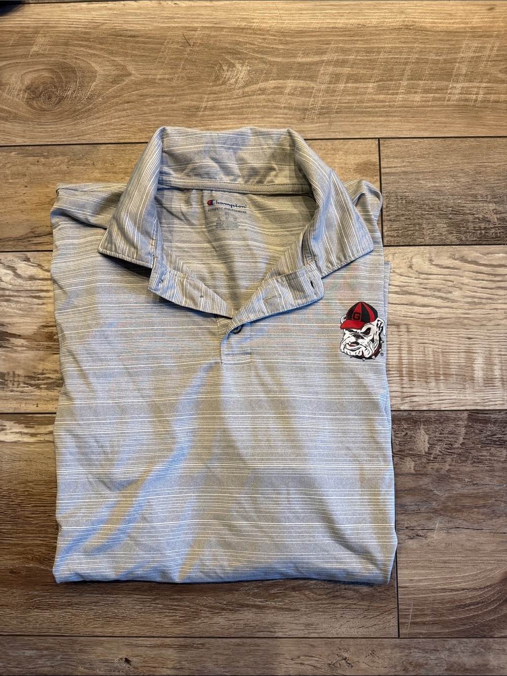 Champion Men’s Light Gray Striped Polo with Red & Black Bulldog Patch